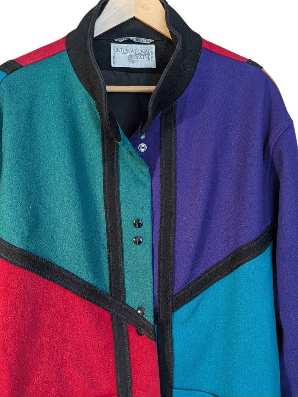 International Scene Colorblock Wool Coat Large Vintage 80s Colorful Retro Cozy - Picture 4 of 6